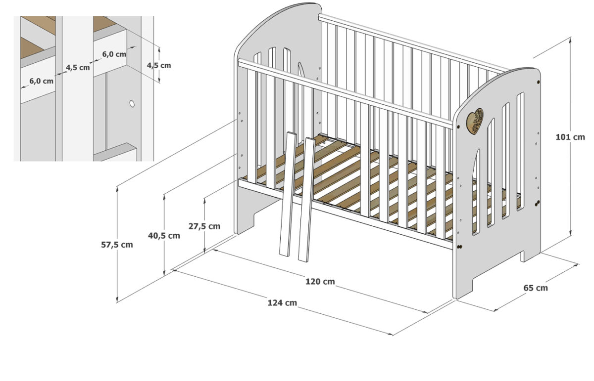 Βρεφικό κρεβάτι Heart BabyCute 60x120cm με συρτάρι, μπλε λεπτομέρειες και προστατευτικό.