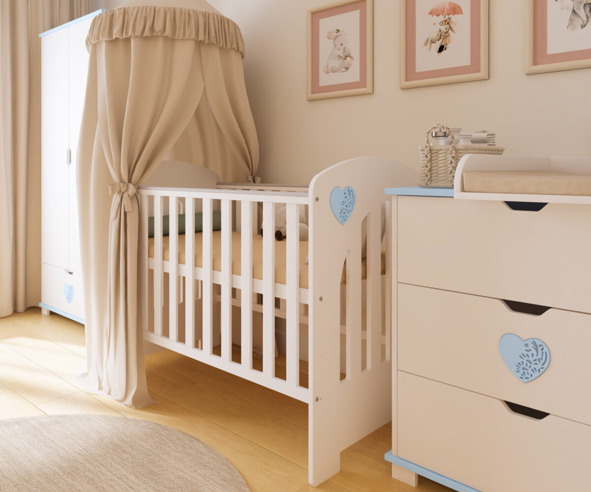 Βρεφικό κρεβάτι Heart Blue BabyCute 60x120cm με συρτάρι και προστατευτικό