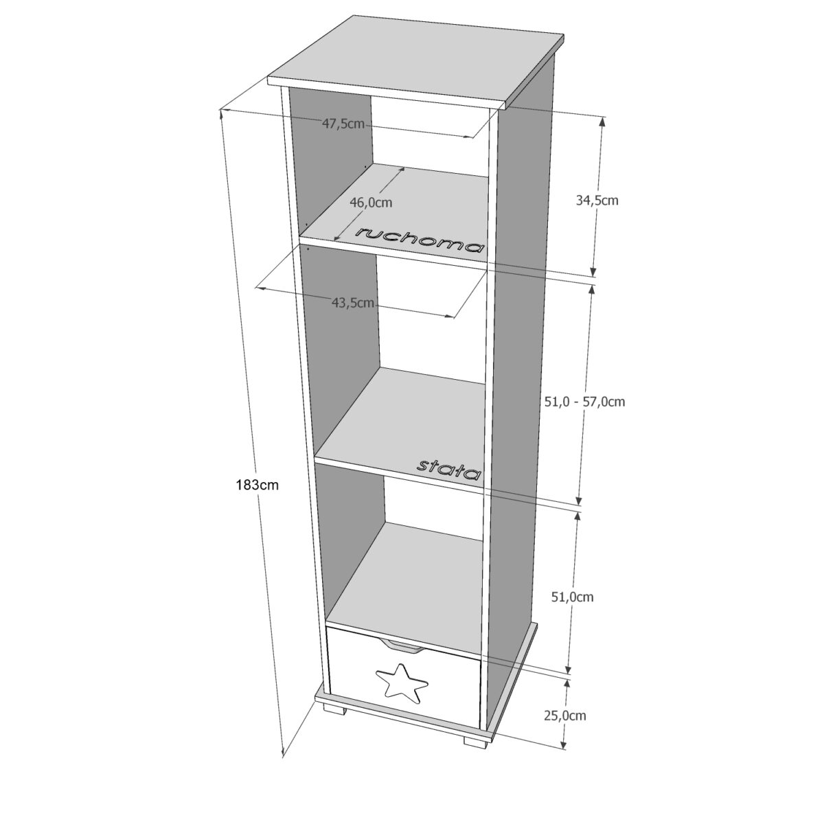 Παιδική βιβλιοθήκη Star Pink BabyCute BC90090PK με ράφια και συρτάρι.