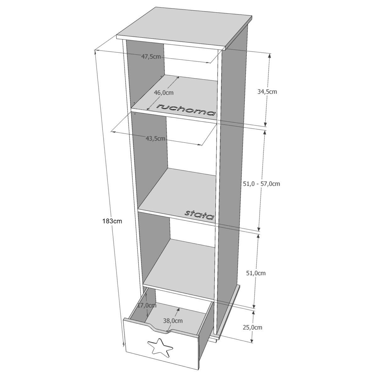 Παιδική βιβλιοθήκη Star Pink BabyCute BC90090PK με ράφια και συρτάρι.