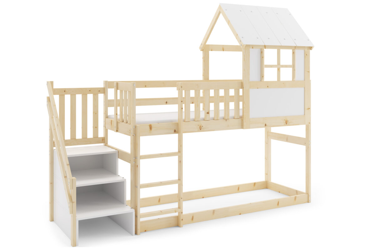 Ξύλινο υπερυψωμένο κρεβάτι σπιτάκι Antresola Niska με σκαλοπάτια, 90x200cm.