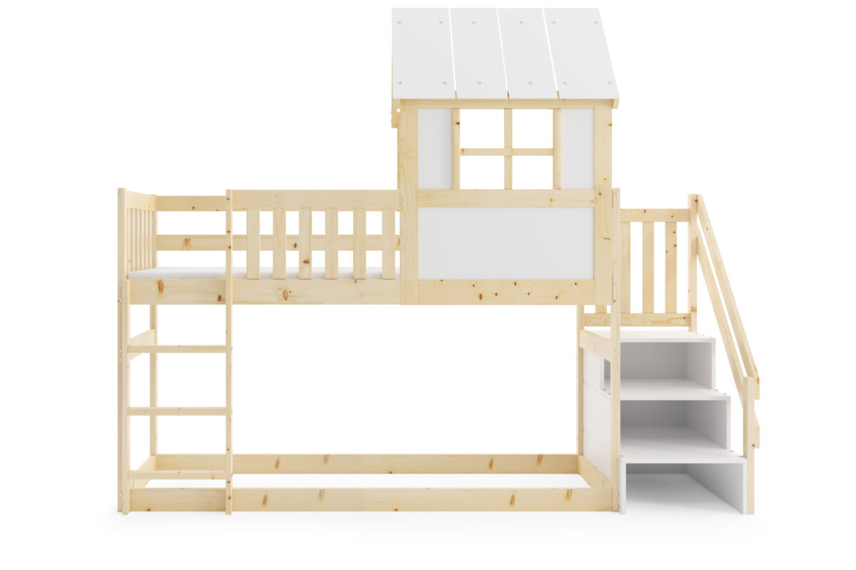 Υπερυψωμένο κρεβάτι σπιτάκι Antresola Niska από μασίφ ξύλο, φυσικό και λευκό.