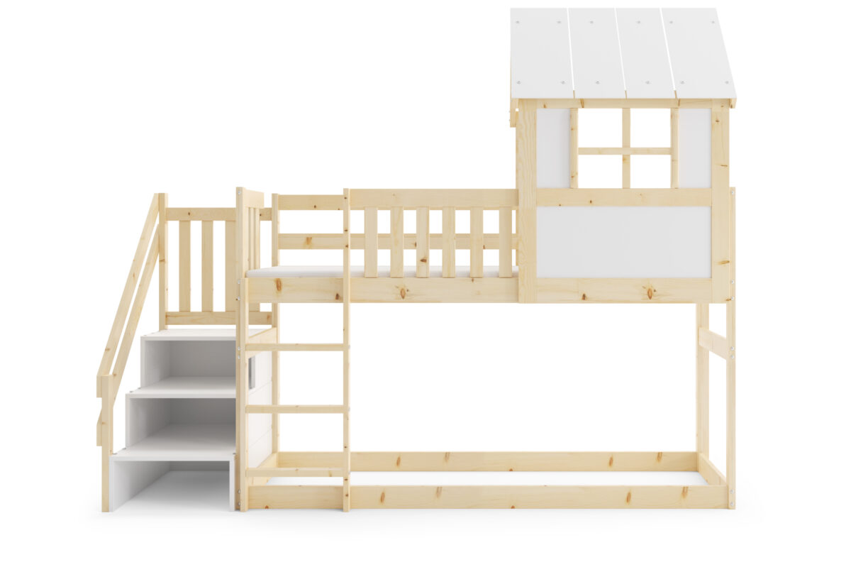 Υπερυψωμένο κρεβάτι σπιτάκι Antresola Niska από μασίφ ξύλο, φυσικό και λευκό