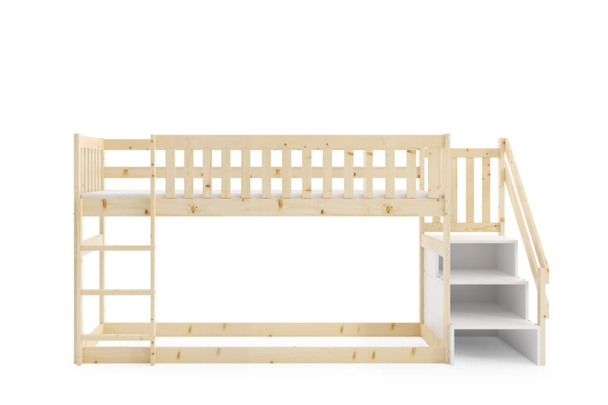 Υπερυψωμένο κρεβάτι Antresola Niska από μασίφ ξύλο με σκαλοπάτια και στρώμα.