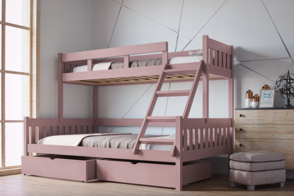 Κουκέτα Edek ροζ με συρτάρια, μονή-ημίδιπλη από μασίφ ξύλο