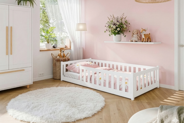 Κρεβάτι Montessori Bella από πεύκο με κάθετα κάγκελα, λευκό, 90×200cm, με 10% έκπτωση στο στρώμα