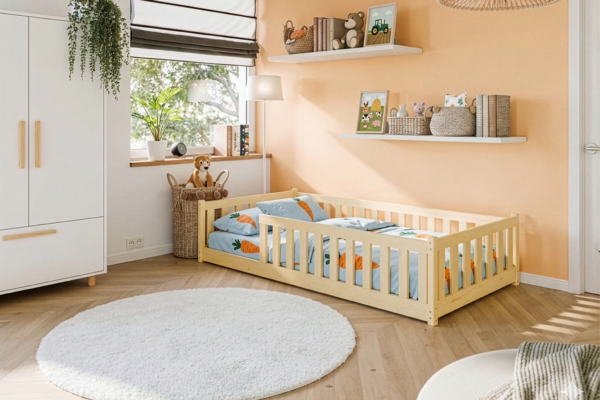 Montessori κρεβάτι Bella από μασίφ ξύλο, με κάθετα κάγκελα, διαστάσεις 90×200cm, προσφορά 10%