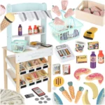 Ξύλινο παιχνίδι μάρκετ για παιδιά με ψεύτικα τρόφιμα και ταμειακή μηχανή.