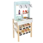 Ξύλινη παιδική αγορά Lulilo με φρούτα, λαχανικά και ταμειακή μηχανή.