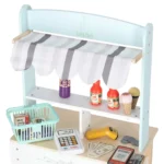 Παιδικό ξύλινο παιχνίδι, πάγκος αγοράς με ταμειακή μηχανή και ψώνια.