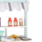 Ξύλινο παιχνίδι πάγκος αγοράς με φρούτα, χυμούς και παγωτά για παιδιά.