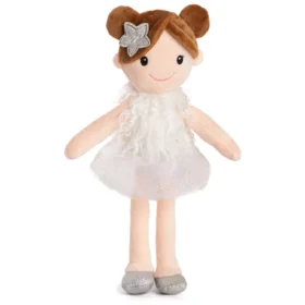 Υφασμάτινη κούκλα Amek Toys 32cm: λούτρινη παιδική κούκλα με λευκό φόρεμα.