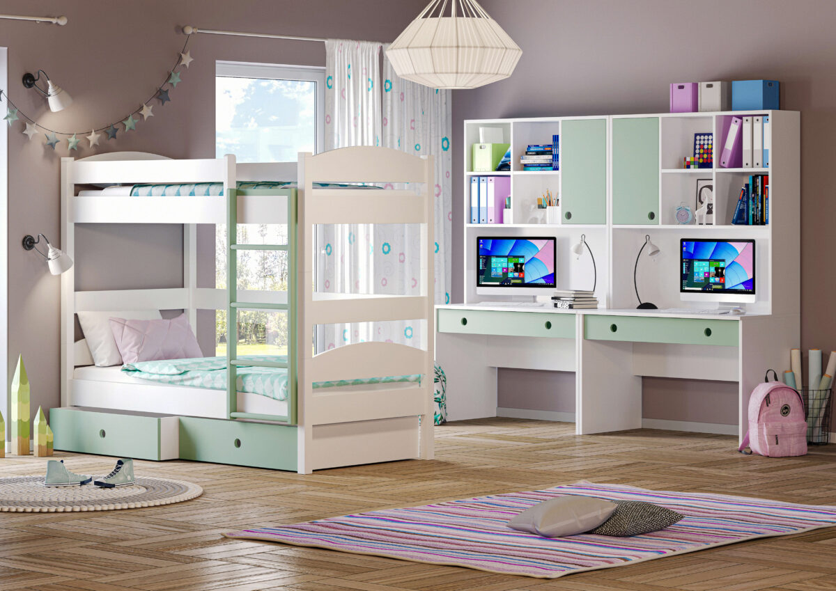 Παιδική κουκέτα Loft CasaKids διαιρούμενη από μασίφ ξύλο οξυάς, λευκή και γκρι.