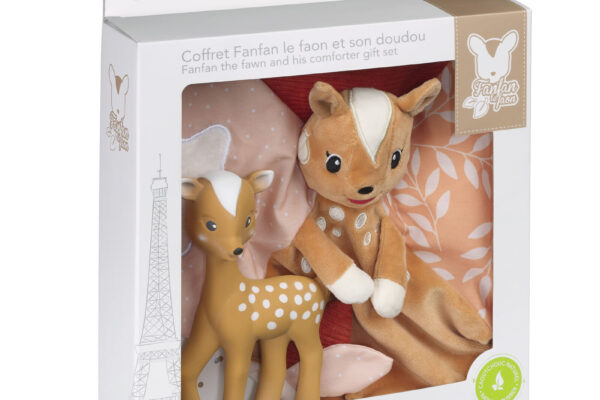 Σετ δώρου νεογέννητου: Fanfan το ελαφάκι και πανάκι παρηγοριάς Sophie La Girafe.