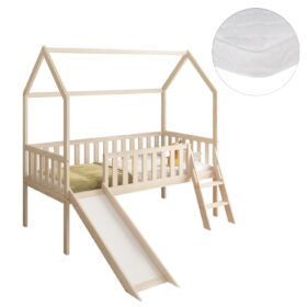 Παιδικό κρεβάτι Montessori Phyllis με τσουλήθρα, φυσικό ξύλο και στρώμα.