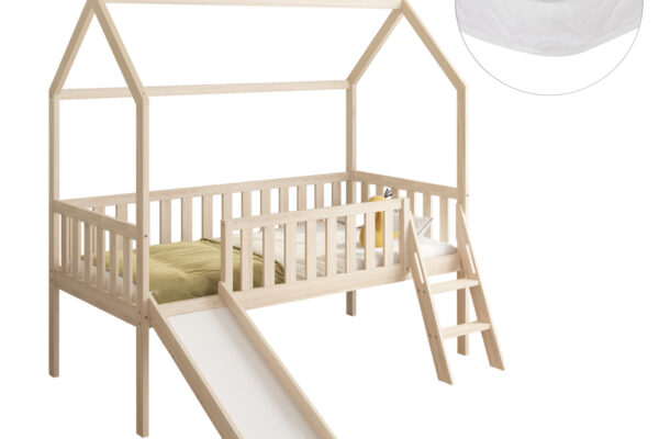 Παιδικό κρεβάτι Montessori Phyllis με τσουλήθρα, φυσικό ξύλο και στρώμα.