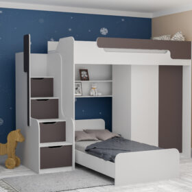 Υπερυψωμένο κρεβάτι Dorian με ντουλάπα, σκαλοπάτια και κάτω κρεβάτι.