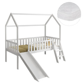 Κρεβάτι Montessori Phyllis με τσουλήθρα, στρώμα, από μασίφ ξύλο λευκό 90x190