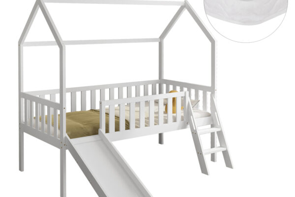 Κρεβάτι Montessori Phyllis με τσουλήθρα, στρώμα, από μασίφ ξύλο λευκό 90x190