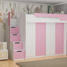 Υπερυψωμένο κρεβάτι Dorian με ντουλάπες και σκαλοπάτια, 90x200cm, λευκό.