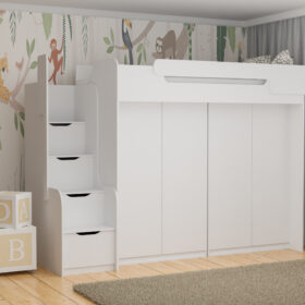 Υπερυψωμένο κρεβάτι Dorian με ντουλάπες και σκαλοπάτια, λευκό, 90x200cm.