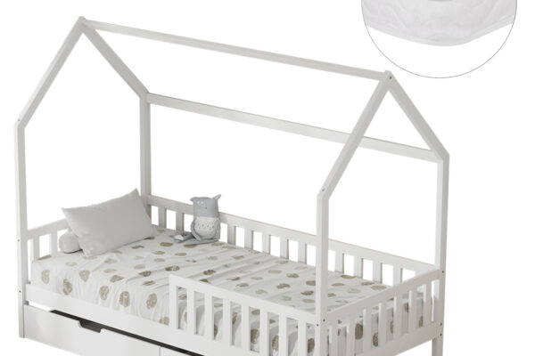 Λευκό παιδικό κρεβάτι Montessori Phyllis 90x190 με συρτάρια και στρώμα.