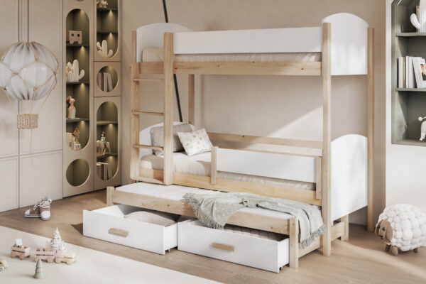 Κουκέτα Logan με συρόμενο κρεβάτι, συρτάρια, natural και λευκή.