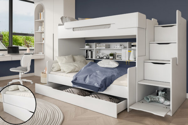 Λευκή κουκέτα Harry με σκάλα αποθήκευσης, διαστάσεων 90/120x200cm.