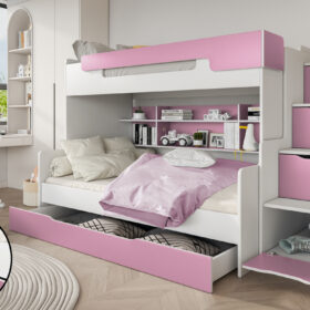 Κουκέτα Harry με σκάλα αποθήκευσης, λευκή και ροζ, 90/120x200cm.
