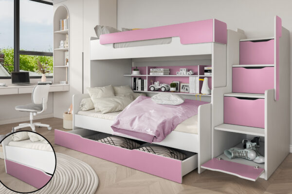 Κουκέτα Harry με σκάλα αποθήκευσης, λευκή και ροζ, 90/120x200cm.