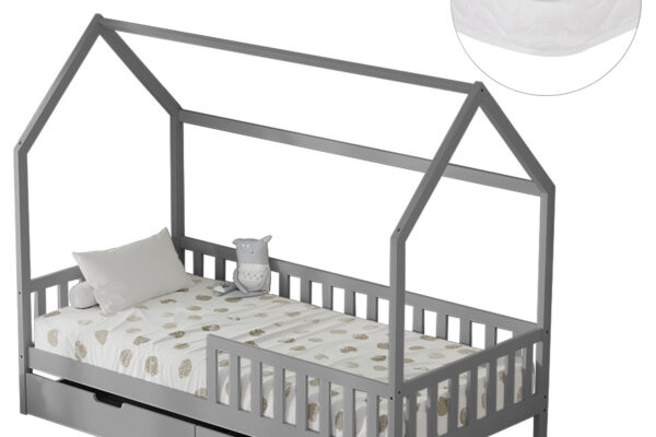 Γκρι παιδικό κρεβάτι Montessori Phyllis με συρτάρια και στρώμα 90x190