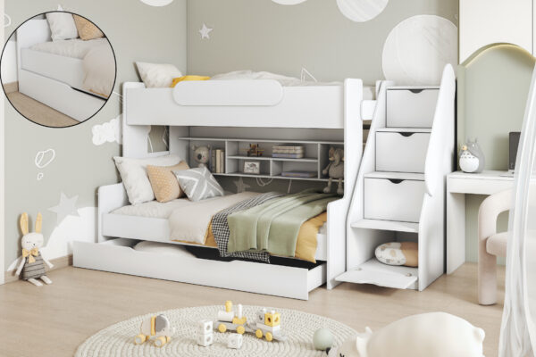 Λευκή κουκέτα Segan 90/120x200cm με σκάλα αποθήκευσης, ιδανική για παιδικό δωμάτιο.