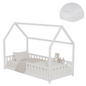 Λευκό παιδικό κρεβάτι Montessori Phyllis 90x190 με στρώμα από μασίφ ξύλο.