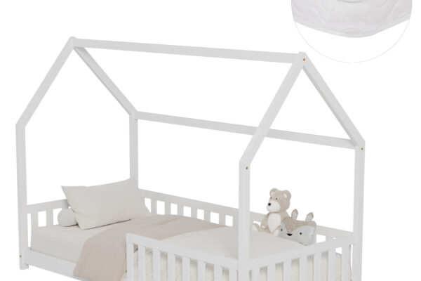 Λευκό παιδικό κρεβάτι Montessori Phyllis 90x190 με στρώμα από μασίφ ξύλο.