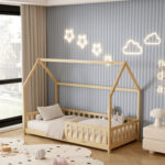 Κρεβάτι Montessori Phyllis, παιδικό, φυσικό ξύλο, με κάγκελα και στρώμα