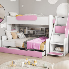 Κουκέτα Segan με σκάλα αποθήκευσης, ροζ λεπτομέρειες, 90/120x200cm.