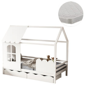 Λευκό παιδικό κρεβάτι Montessori 90x190 με συρτάρια και στρώμα.