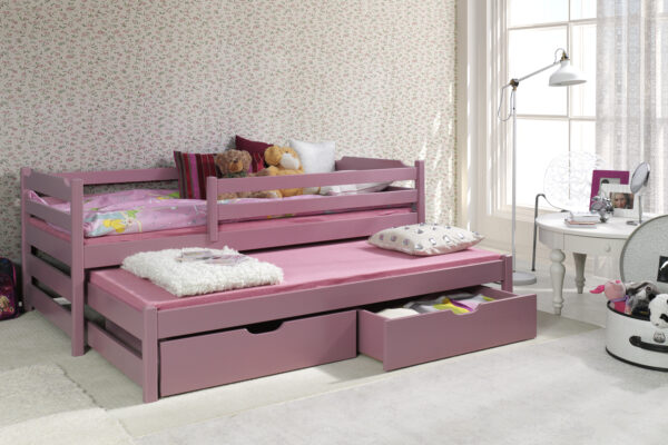 Κρεβάτι καναπές Marcin ροζ από μασίφ ξύλο με συρόμενο και συρτάρια.