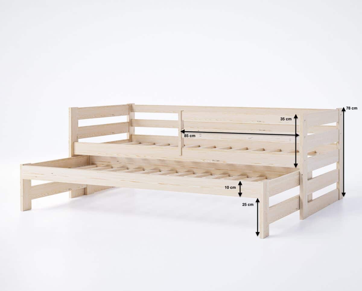 Κρεβάτι Καναπές Mateus: Συρόμενο παιδικό κρεβάτι με συρτάρια από μασίφ ξύλο.