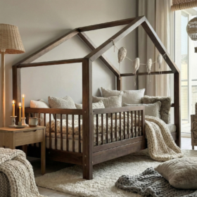 προϊόν Κρεβάτι Montessori House Bed Alto Luletto σκούρο καρυδί με κάγκελα.