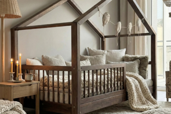 προϊόν Κρεβάτι Montessori House Bed Alto Luletto σκούρο καρυδί με κάγκελα.