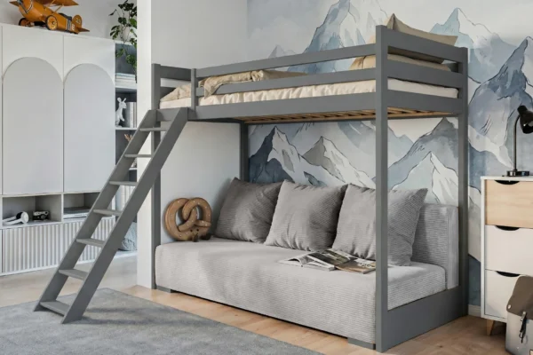 προϊόν Κουκέτα Sofino με πτυσσόμενο καναπέ-κρεβάτι από μασίφ ξύλο graphite.