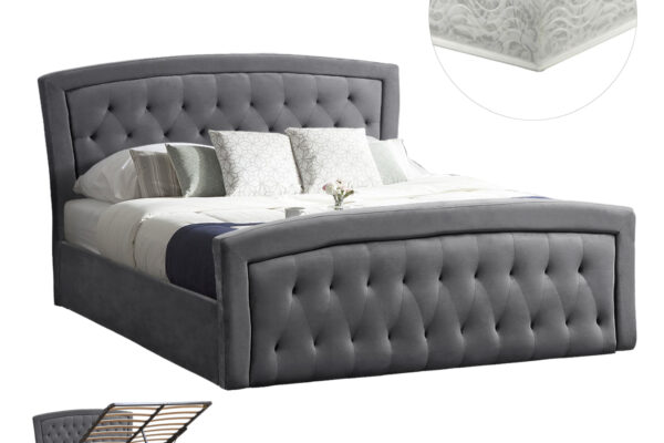 Κρεβάτι Διπλό Odelia βελούδινο Grey 160x200cm με αποθηκευτικό χώρο και στρώμα.