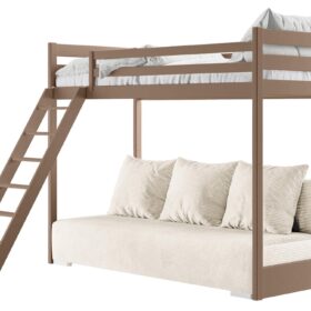 προϊόν Κουκέτα Sofino με πτυσσόμενο καναπέ-κρεβάτι από μασίφ ξύλο χρώματος σοκολάτας.