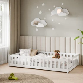Λευκό κρεβάτι Montessori Ivy με κάθετα κάγκελα, μασίφ ξύλο, 120x200cm.