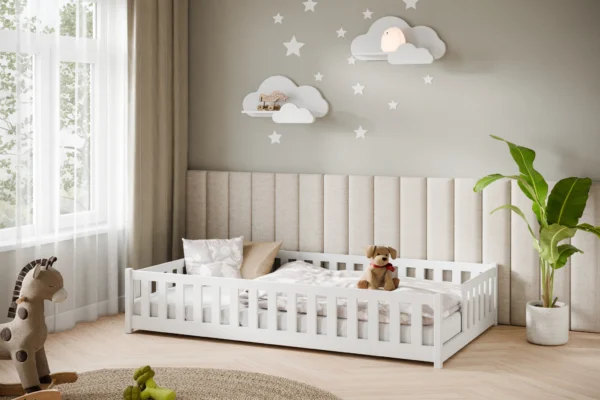 Λευκό κρεβάτι Montessori Ivy με κάθετα κάγκελα, μασίφ ξύλο, 120x200cm.