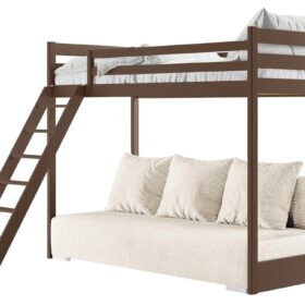 προϊόν Κουκέτα Sofino με πτυσσόμενο καναπέ-κρεβάτι από μασίφ ξύλο σκούρο σοκολά.