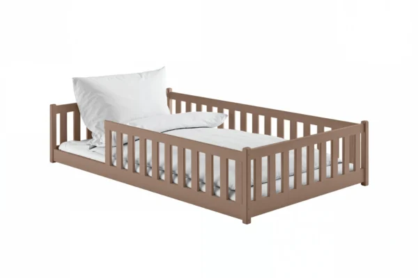 προϊόν Κρεβάτι Montessori Otis σοκολατί με κάγκελα, μασίφ ξύλο, 120x200cm.