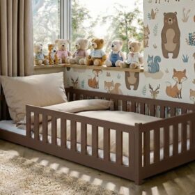 προϊόν Κρεβάτι Montessori Otis σκούρο σοκολατί με κάθετα κάγκελα, μασίφ ξύλο.