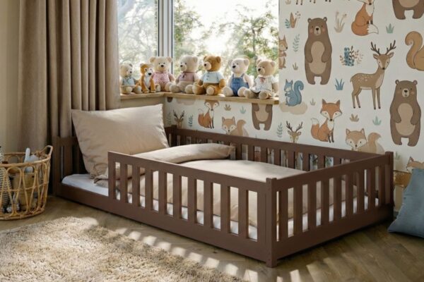 προϊόν Κρεβάτι Montessori Otis σκούρο σοκολατί με κάθετα κάγκελα, μασίφ ξύλο.